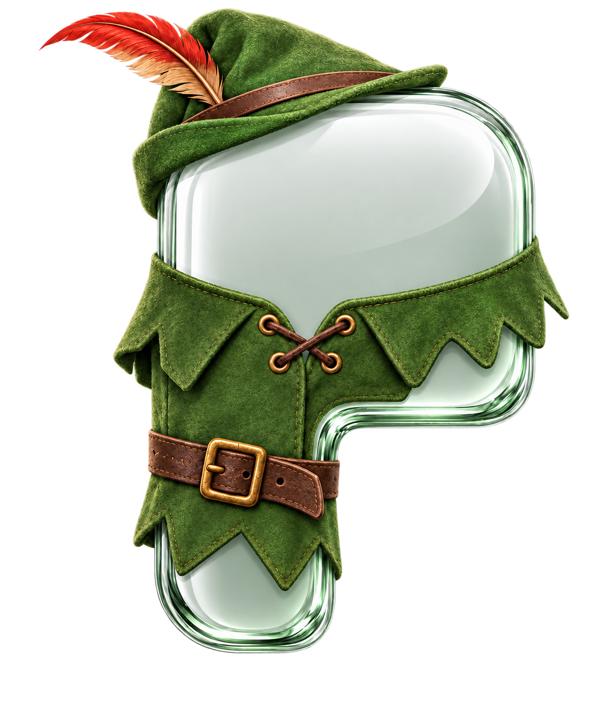 ROBINPONS, a little glass outlaw in a forest-green tunic and Robin Hood hat with a red feather